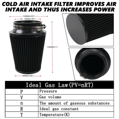 76mm Cold Air Intake Cone with High Flow Filter for Toyota Hilux N70