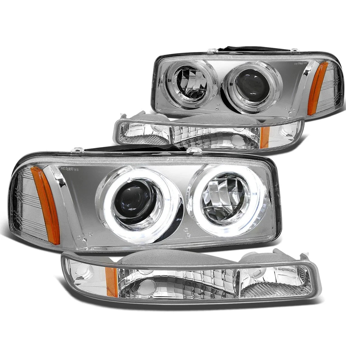 Set of 3 Chrome Dual Halo Projector Headlights + Bumper + Fog Lights for Sierra/Yukon (1999–2006)