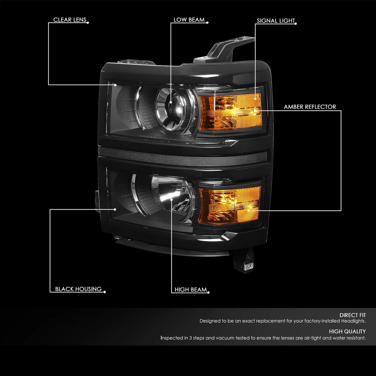 Black Housing Amber Side Projector Headlight for Chevy Silverado (2014–2015)