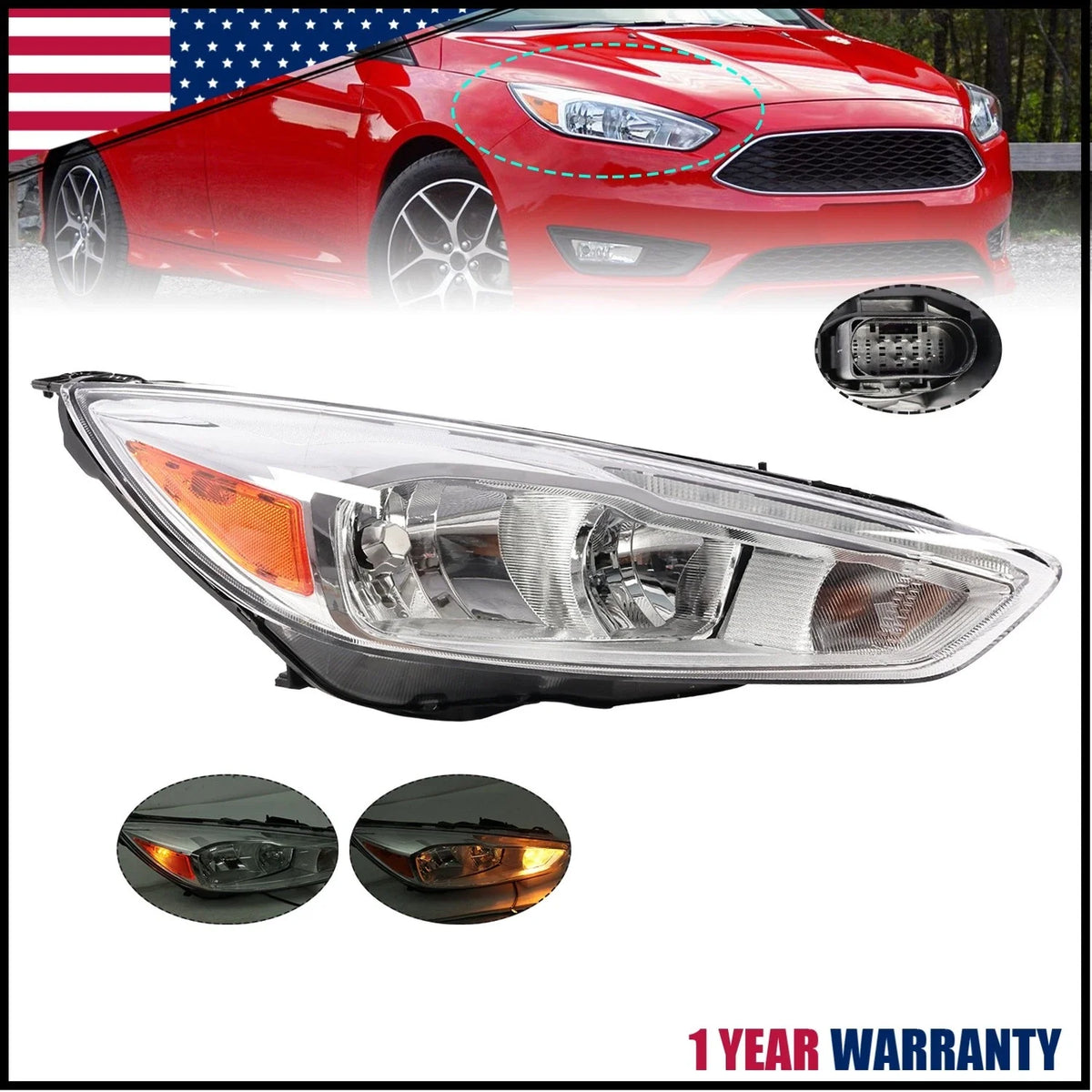 Halogen Headlight for Ford Focus (2015–2018) Chrome with LED DRL Right