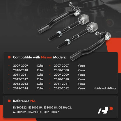 4-Piece Front Tie Rod Ends for Nissan Versa (2007-2012) & Cube (2009-2014)