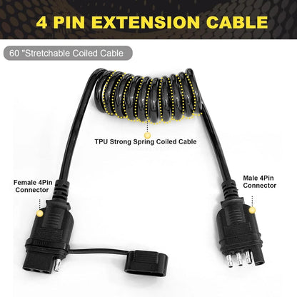 4 Way Flat Trailer Extension Coiled Cable 60" Wiring Harness (18AWG)