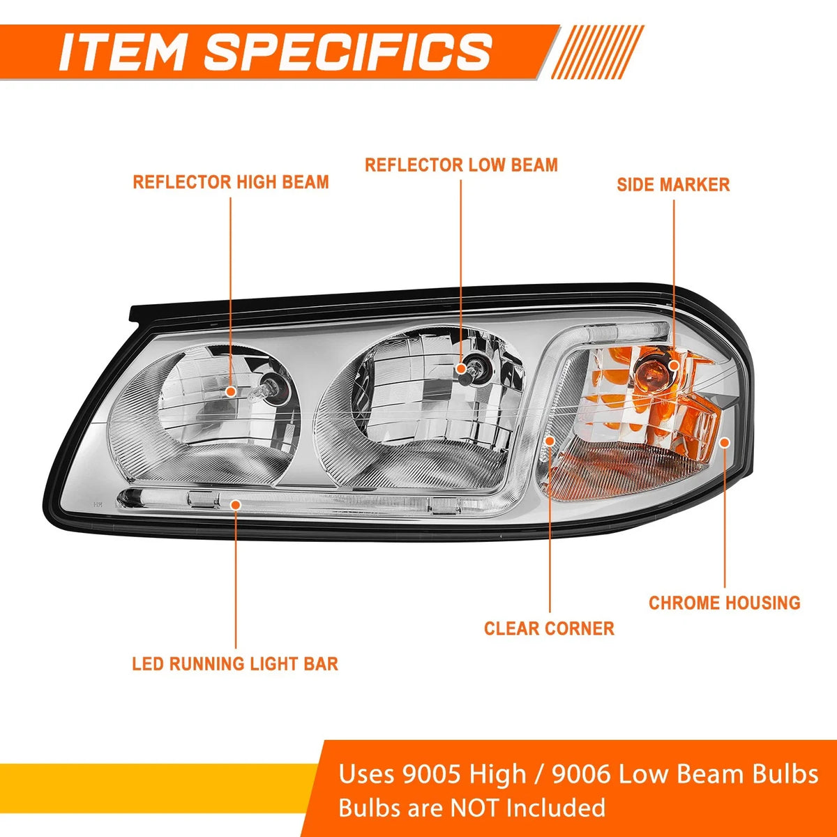 LED DRL Headlight Replacement - Chrome Housing for Chevy Impala 2000-2005