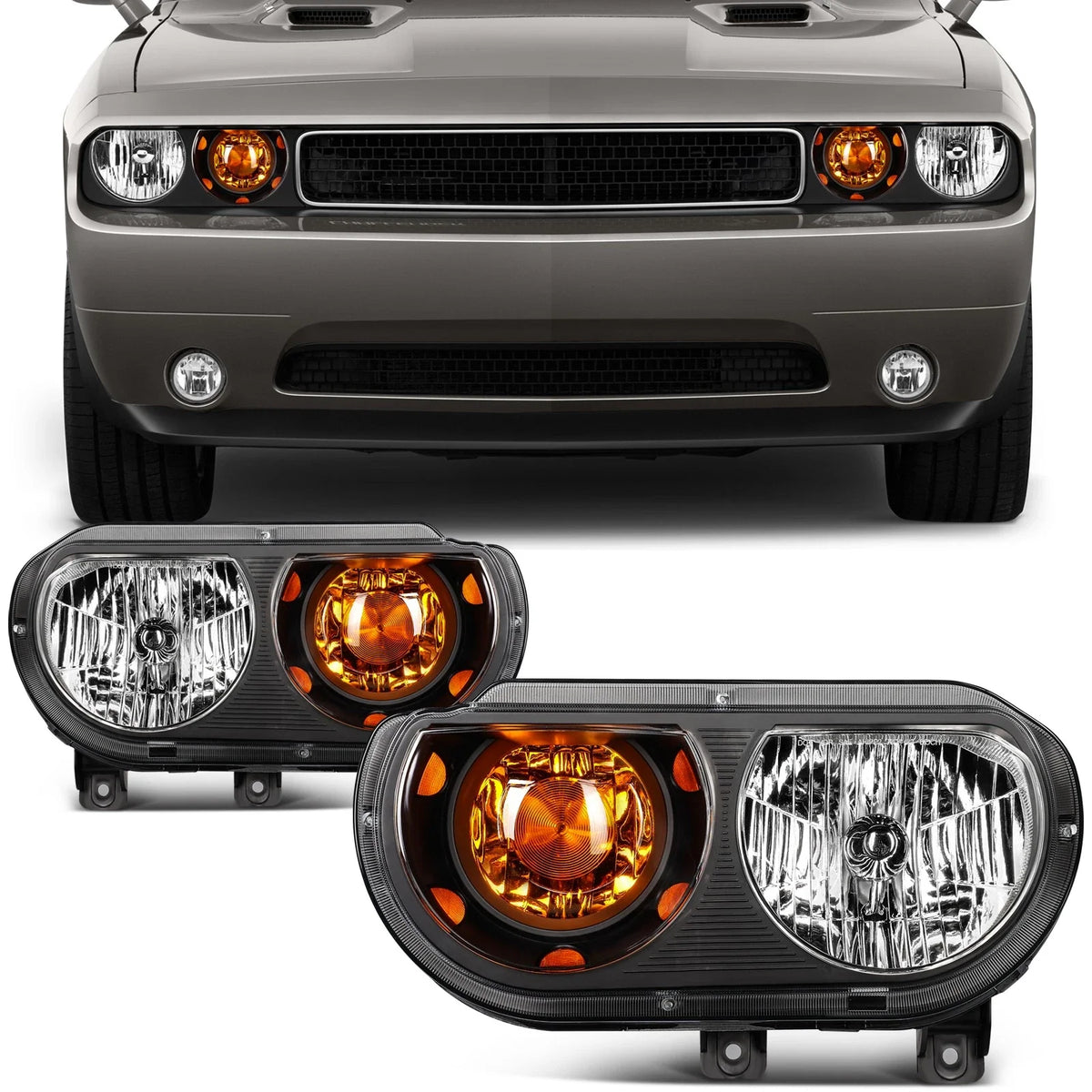 Headlight Assemblies in Black Amber for 2008–2014 Dodge Challenger (2X)