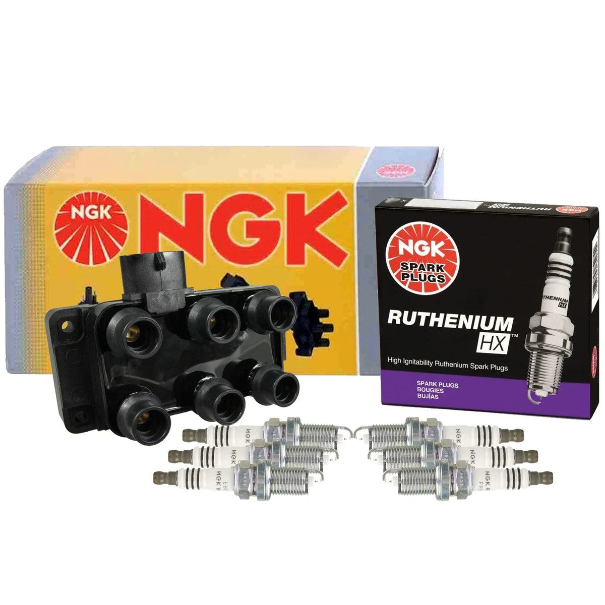 NGK DIS Ignition Coil & 6 Ruthenium HX Spark Plugs for Mazda 626 (1998–2002)