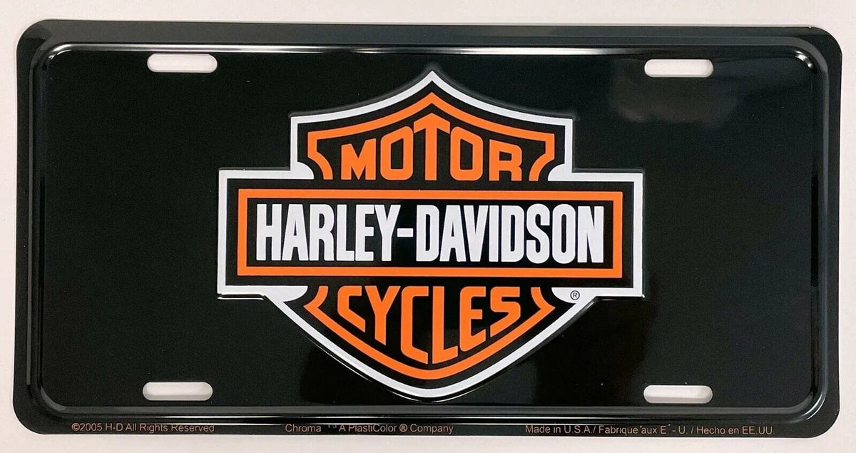 Harley Davidson License Plate Tag - Bar and Shield Orange Logo on Black