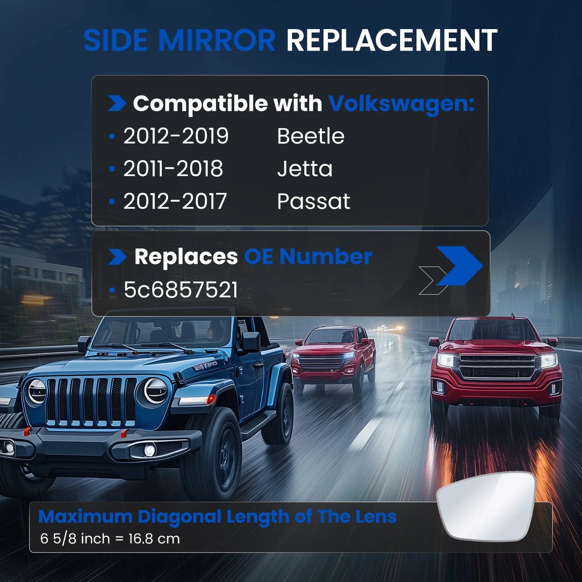 Driver Side Mirror Glass for Volkswagen Beetle (2012–2019)