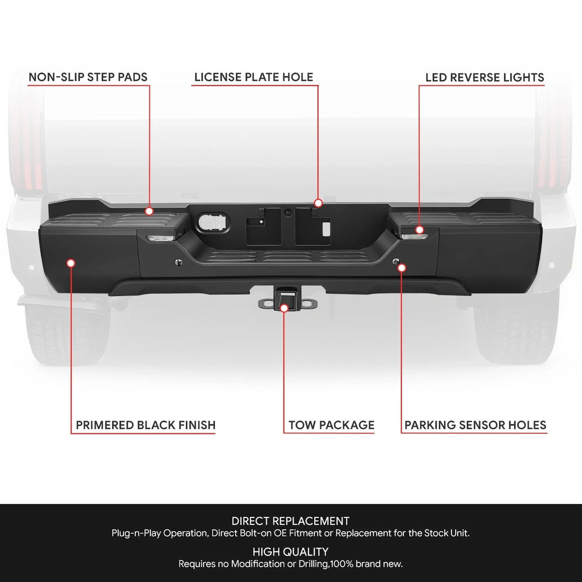 Rear Step Bumper for Toyota Tundra (2022–2026) w/ Sensor Holes & LED Lamp