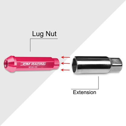 Set of 20 Pink Open-End Conical Aluminum Lug Nuts M12X1.5 25mm OD 90mm Tall