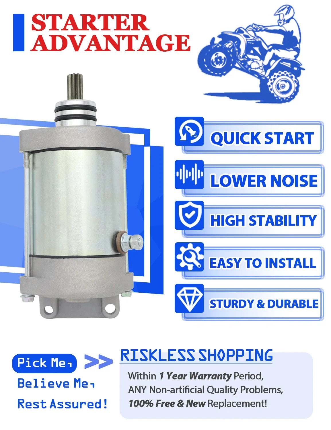 Starter for Polaris RZR 800 S EFI (2009-2014) Includes Bendix, Relay, Switch
