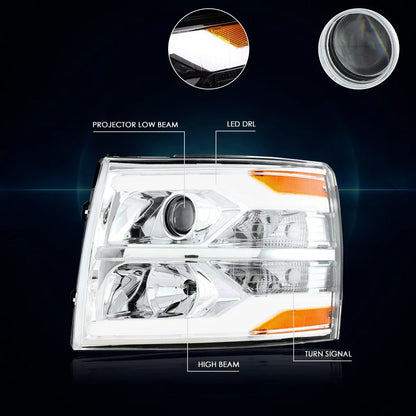 Projector Headlight with Dual LED DRL Bar for 2007–2014 Chevy Silverado