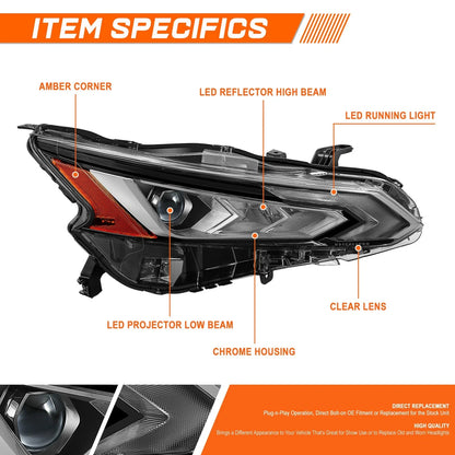 Chrome Finish LED Projector Headlight for Nissan Altima 2019–2022