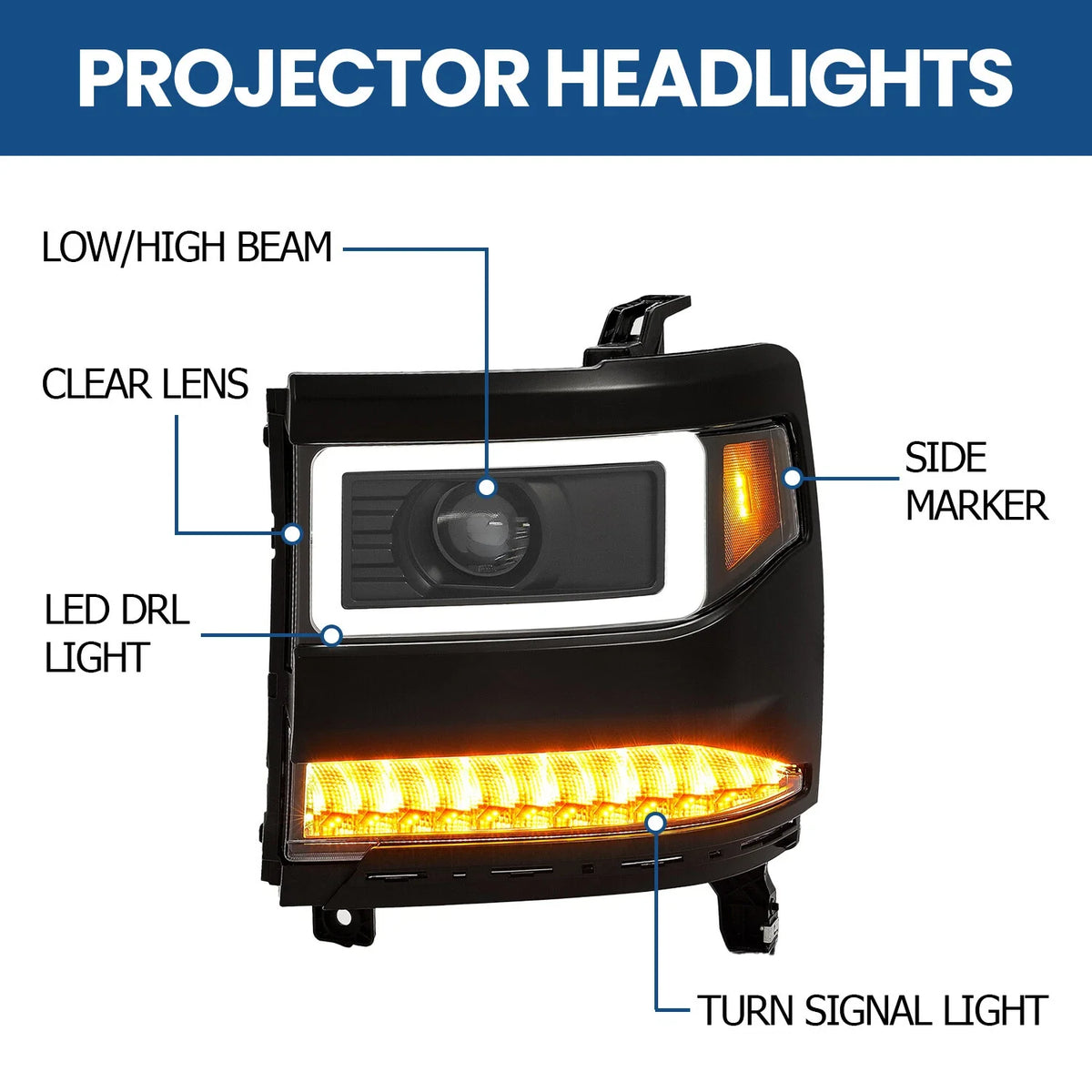 LED DRL Projector HID/Xenon Headlight Pair for 2016-2019 Chevy Silverado 1500