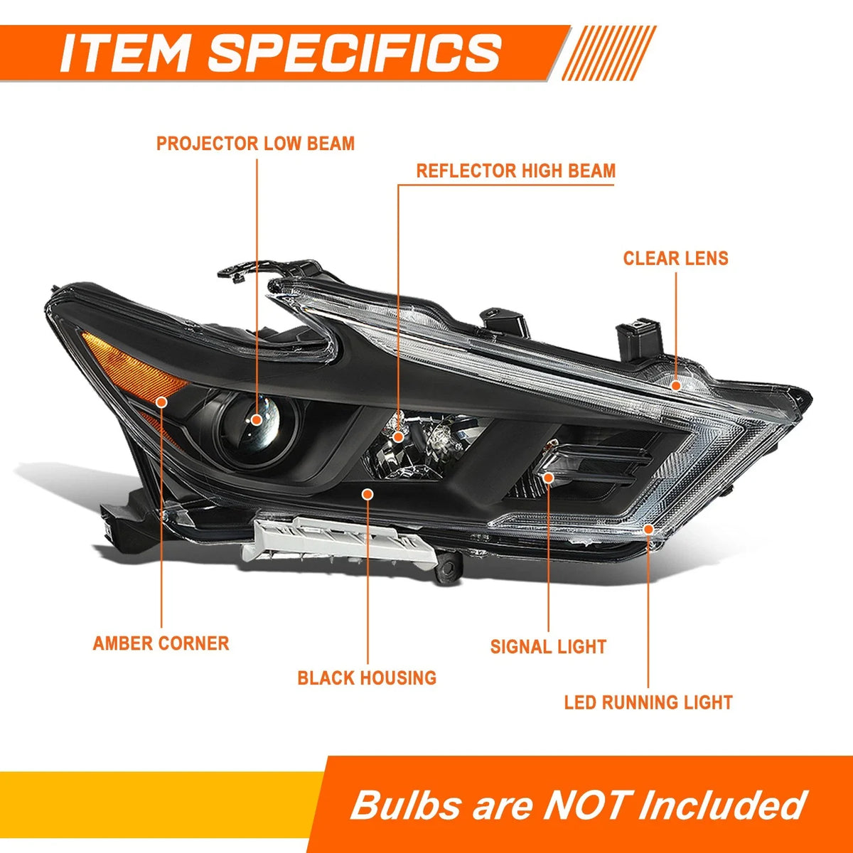 Chrome Amber LED DRL Projector Headlight Right for Nissan Maxima (2016–2018)