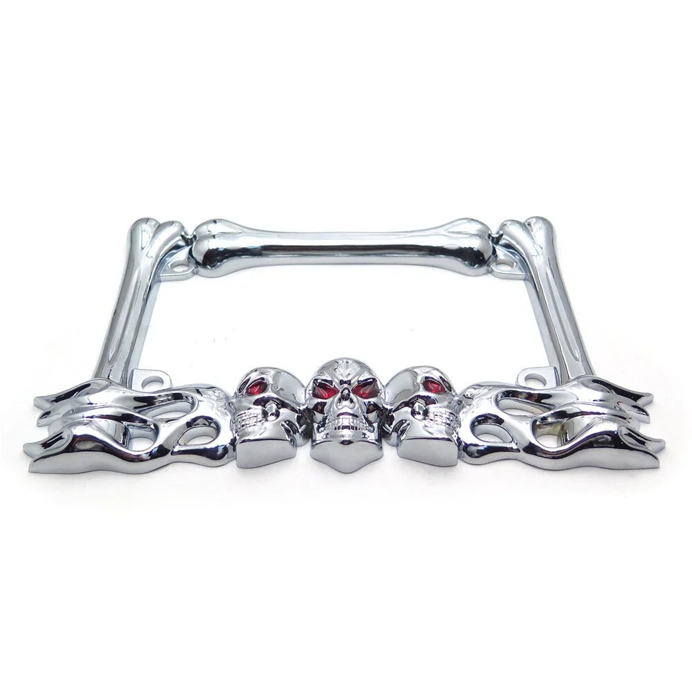 Motorcycle License Plate Frame - Skull & Flame Design in Chrome