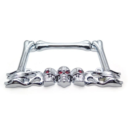 Motorcycle License Plate Frame - Skull & Flame Design in Chrome
