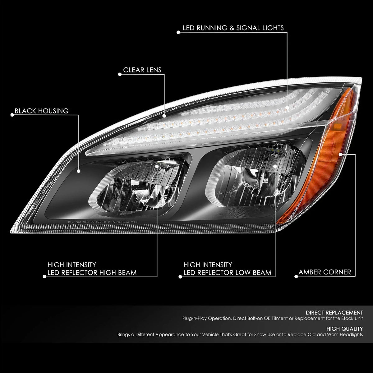 Pair of LED Headlights for Freightliner Cascadia (2018–2024) - Black Housing, Amber Corner