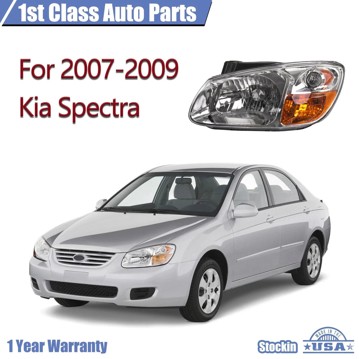 Headlight Assembly for Kia Spectra (2007–2009) Left Clear Lens Halogen Bulb