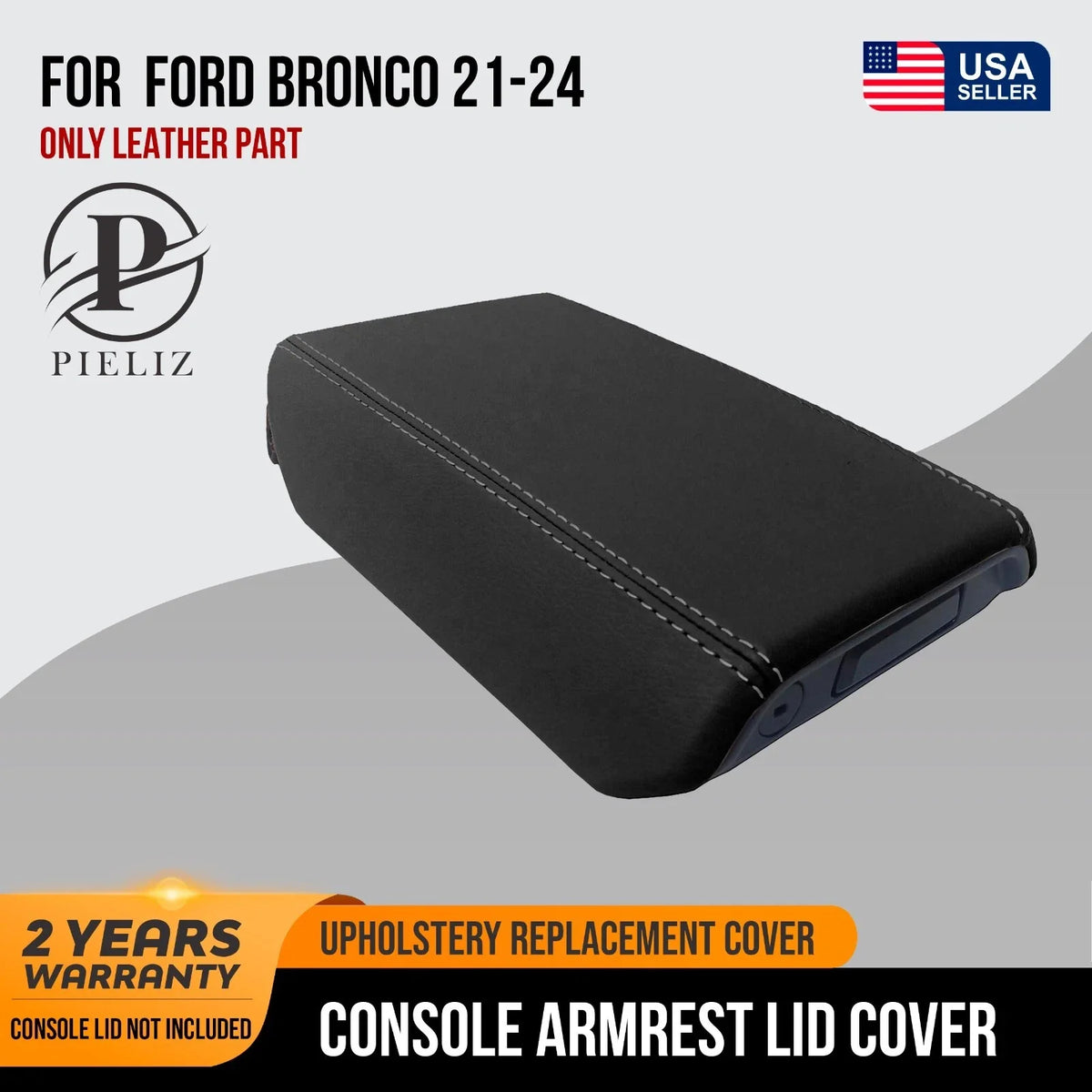 Console Lid Armrest Cover for Ford Bronco (2021–2024) Gray Stitch