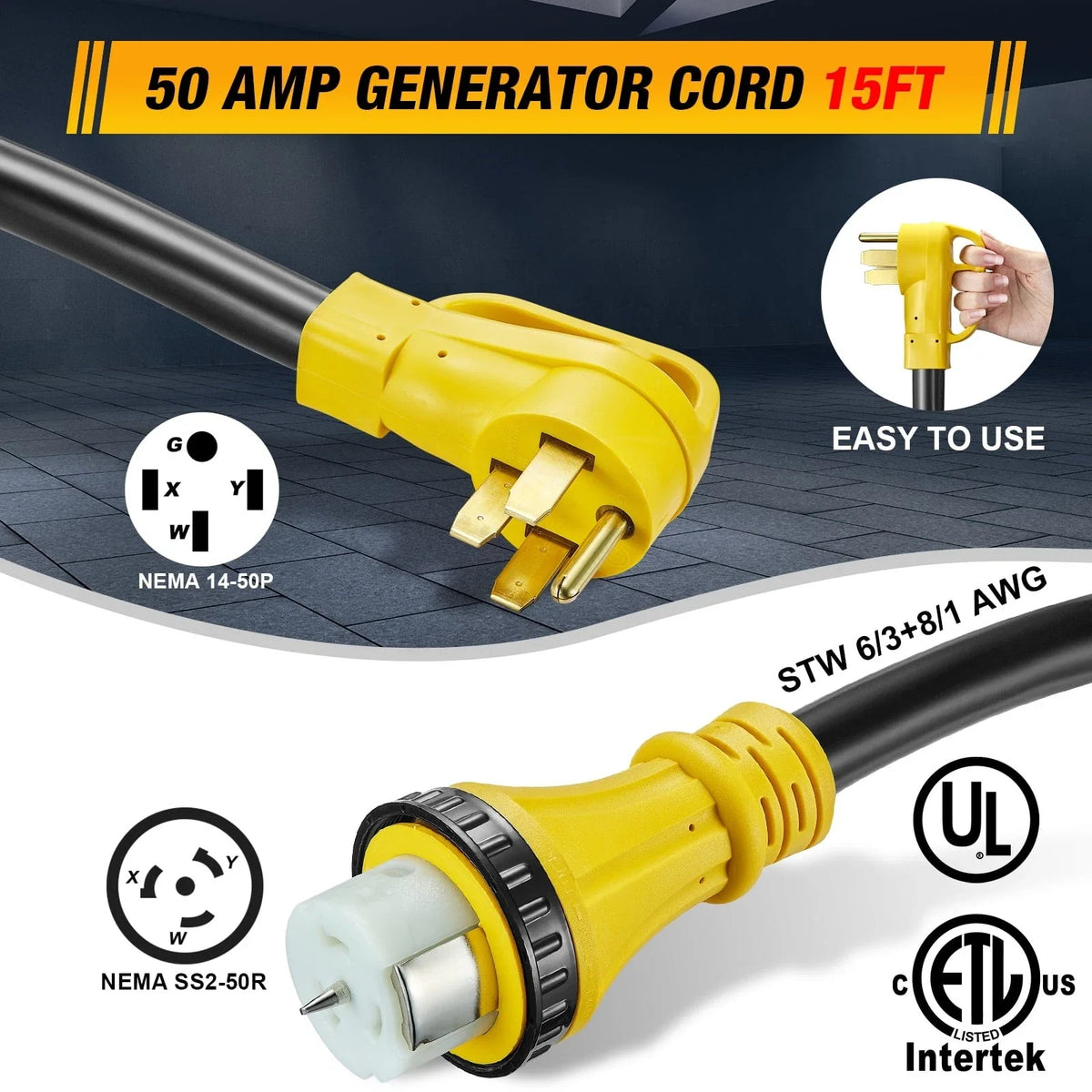 15FT 50 Amp Generator Extension Cord with Inlet Box ETL