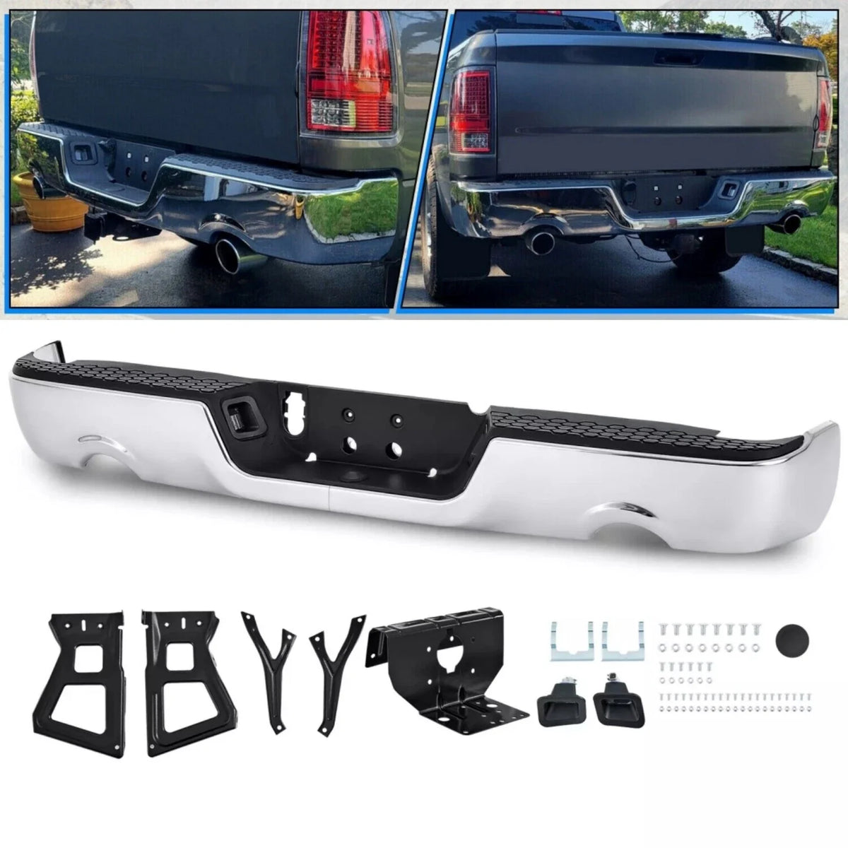 Chrome Rear Bumper Dual Exhaust for 2009–2018 Dodge RAM 1500, No Sensors