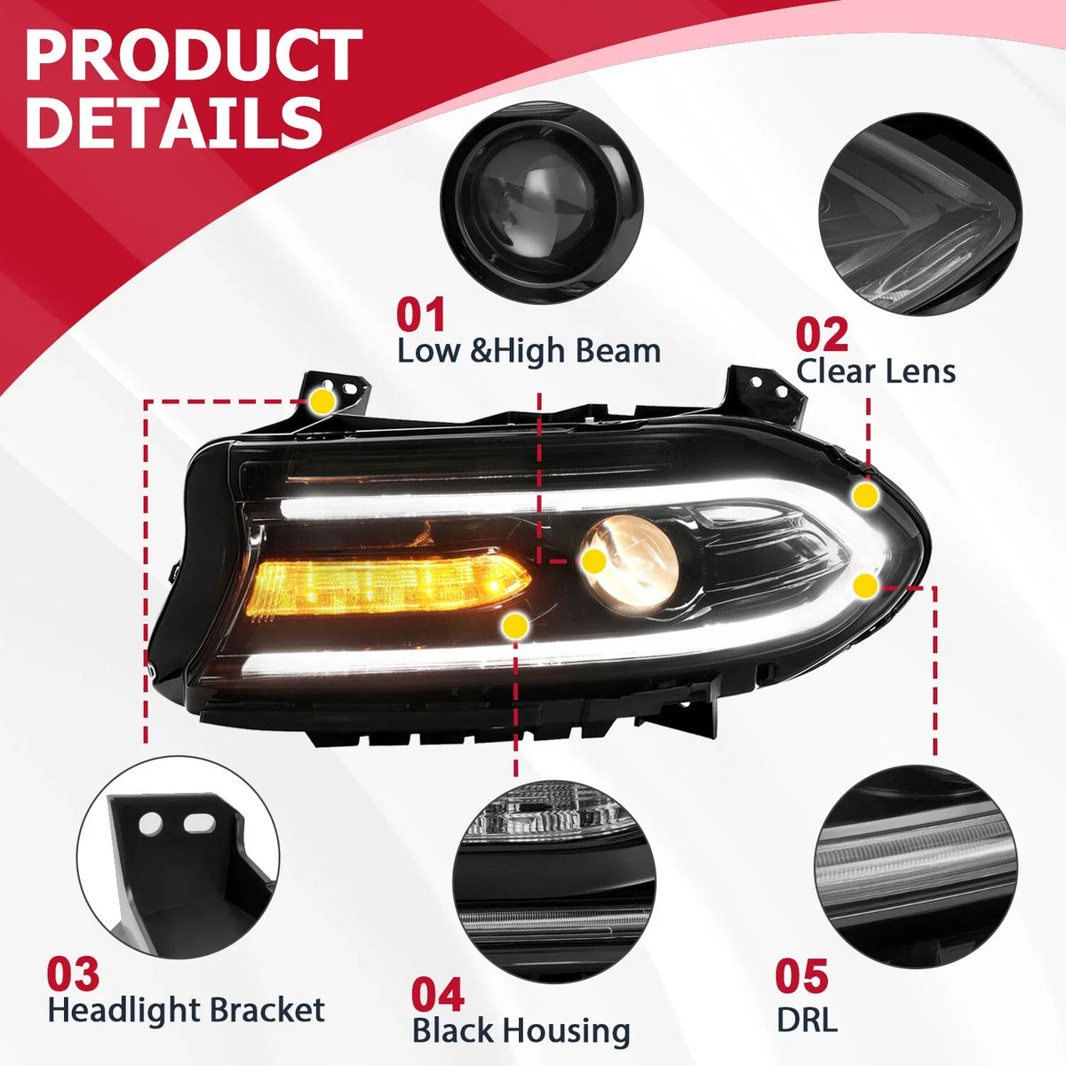 Projector Headlights with Halogen LED DRL for 2015-2022 Dodge Charger
