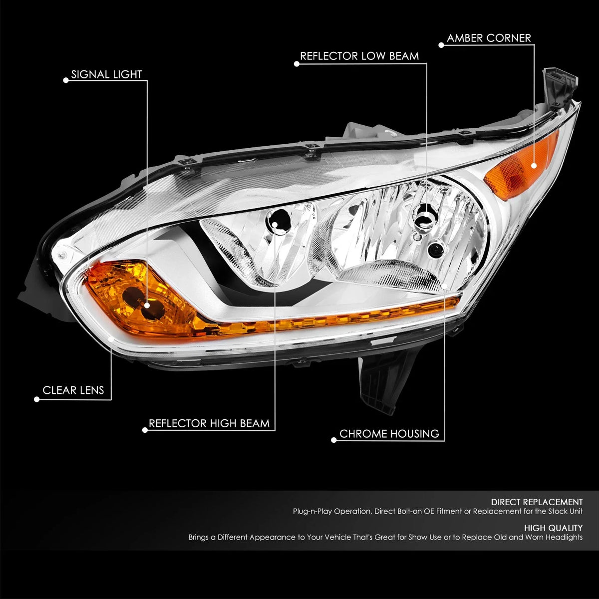 Left Chrome Housing Headlight Lamp for Ford Transit Connect (2014–2018)
