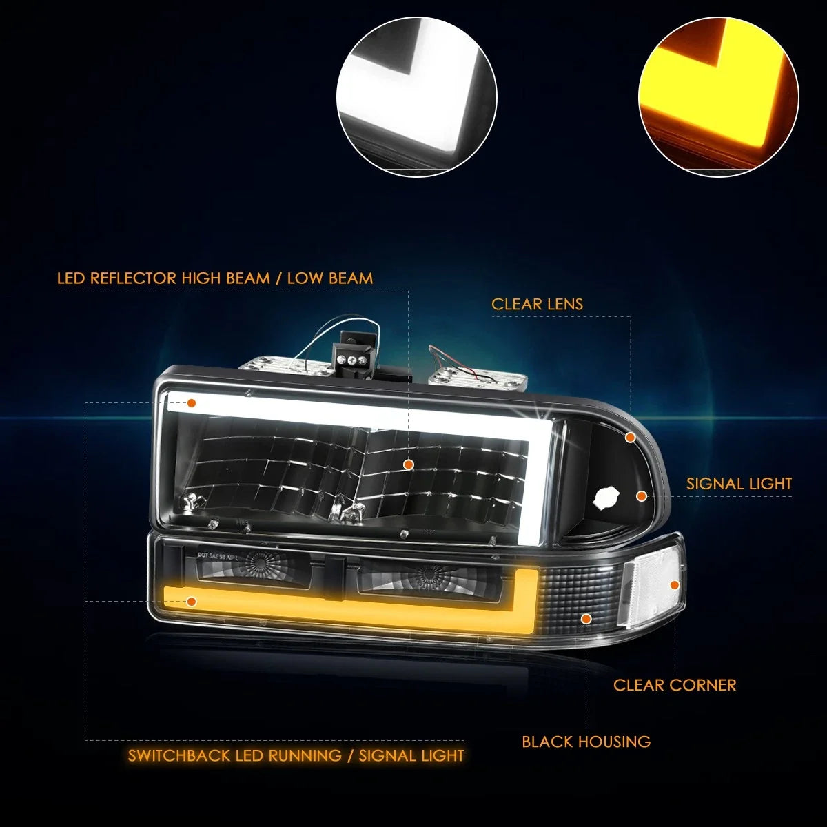 LED DRL Switchback Headlights, L-Shape for 1998–2004 Chevy S10/Blazer