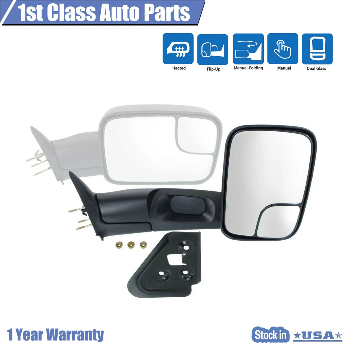 Right Towing Manual Side View Mirror for Dodge Ram Pickup (1994–2002)