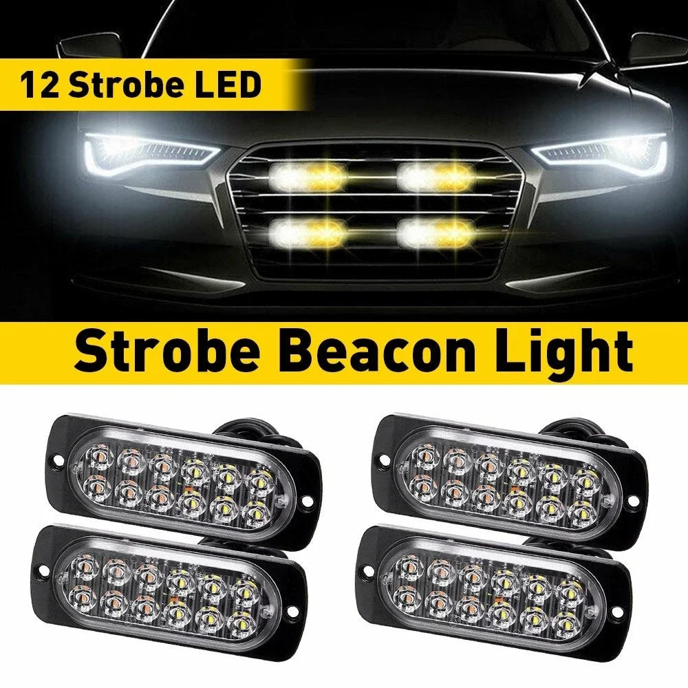 Amber/White 12LED Strobe Light Bar - 4X for Car Truck