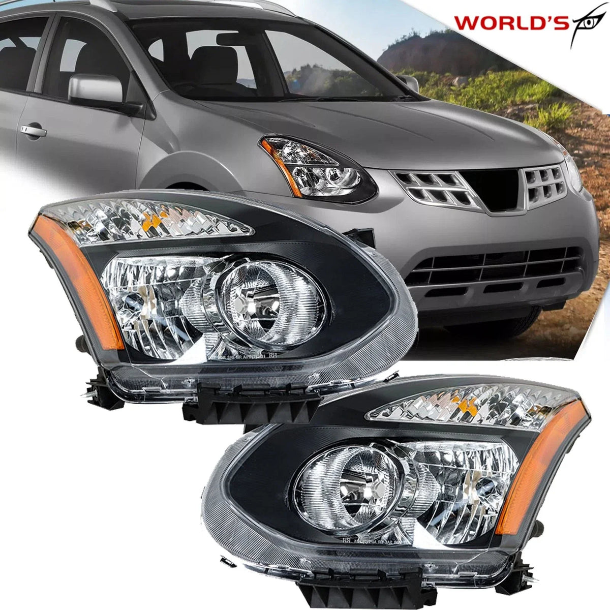 Headlight for Nissan Rogue (2008–2015) Black Housing Halogen RH+LH