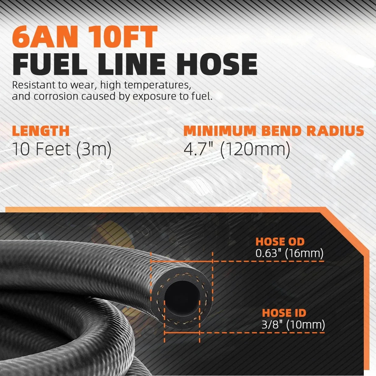 10 Feet 6AN 3/8" ID NBR Rubber Braided Fuel Line Hose