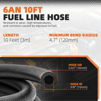 10 Feet 6AN 3/8" ID NBR Rubber Braided Fuel Line Hose