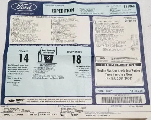 Window Sticker for Ford Expedition V8 5.4L (2004)